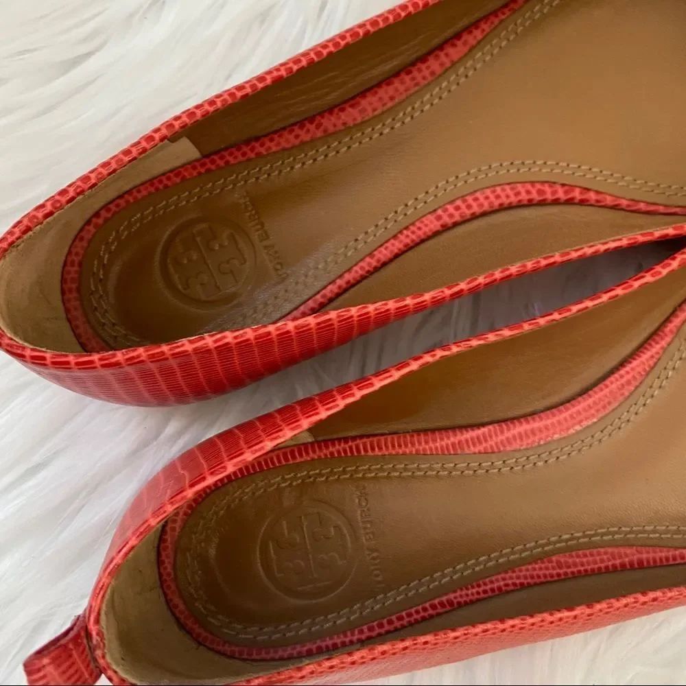 Tory Burch coral Mini Miller lizard flats 7.5
